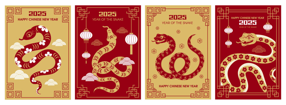 New year poster. 2025 asian snake new year zodiac sign on placards with place for text recent vector templates