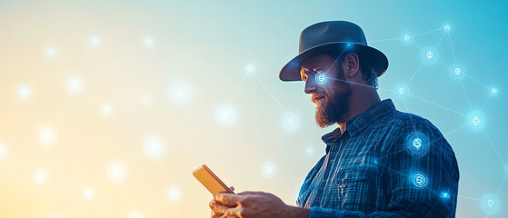 Farmer negotiating livestock prices on a mobile app with digital currency symbols, showcasing the future of agricultural trade, innovation, economics, livestock