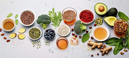 Colorful array of fresh fruits, vegetables, grains, seeds, and flowers on grey background, space for text.