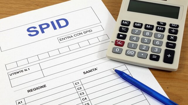 SPID online con modulo di registrazione in italiano sulla scrivania con penna e calcolatrice.