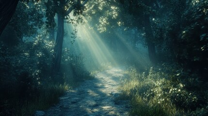 Obraz premium Sunbeams Through Foggy Forest Path, Magical Nature Scene.