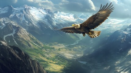Majestic Eagle Soaring Over Snow-Capped Mountain Peaks, Wildlife Photography, Nature.