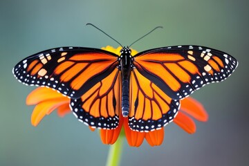 Fototapeta premium Monarch Butterfly on Orange Flower with Green Background.