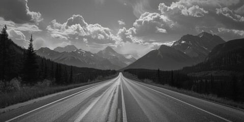 A scenic view of a mountain road with distant peaks, shot in black and white