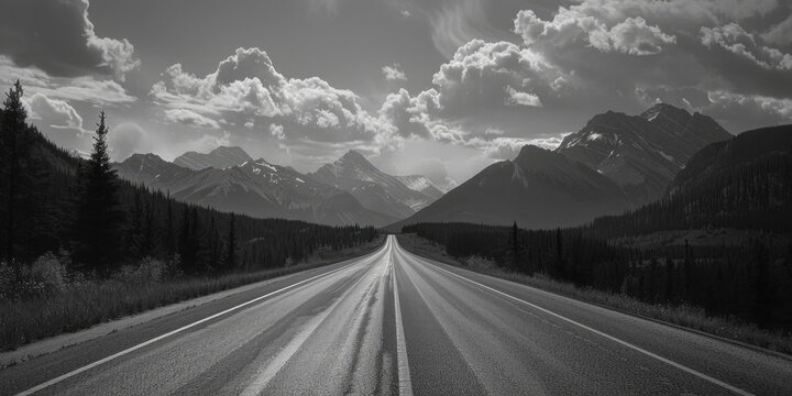 Fototapeta A scenic view of a mountain road with distant peaks, shot in black and white
