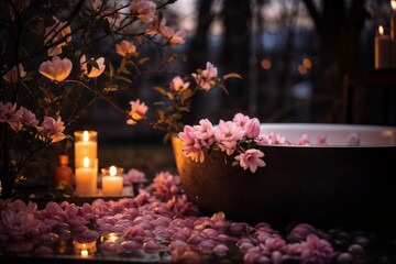 Tranquil Outdoor Spa Bath with Candlelight and Pink Flower Petals at Dusk