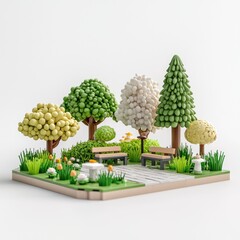 Tranquil Mini Cubic Park Scene with Benches, Trees, and Soft Afternoon Light, Generative Ai
