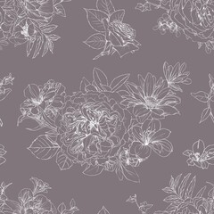 Hand drawn pencil graphic illustration seamless pattern of vintage flowers