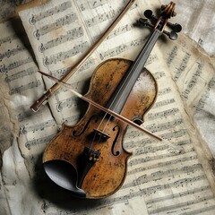 Naklejka premium Vintage Violin with Bow on Old Music Sheet - Musical Instrument and Sheet Music Stock Photo.
