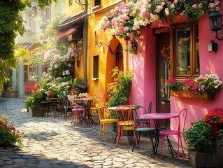 Charming European Street Cafe with Colorful Chairs and Flowers.