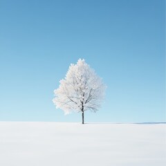 Frosty Tree in a Snowy Field Under a Blue Sky.