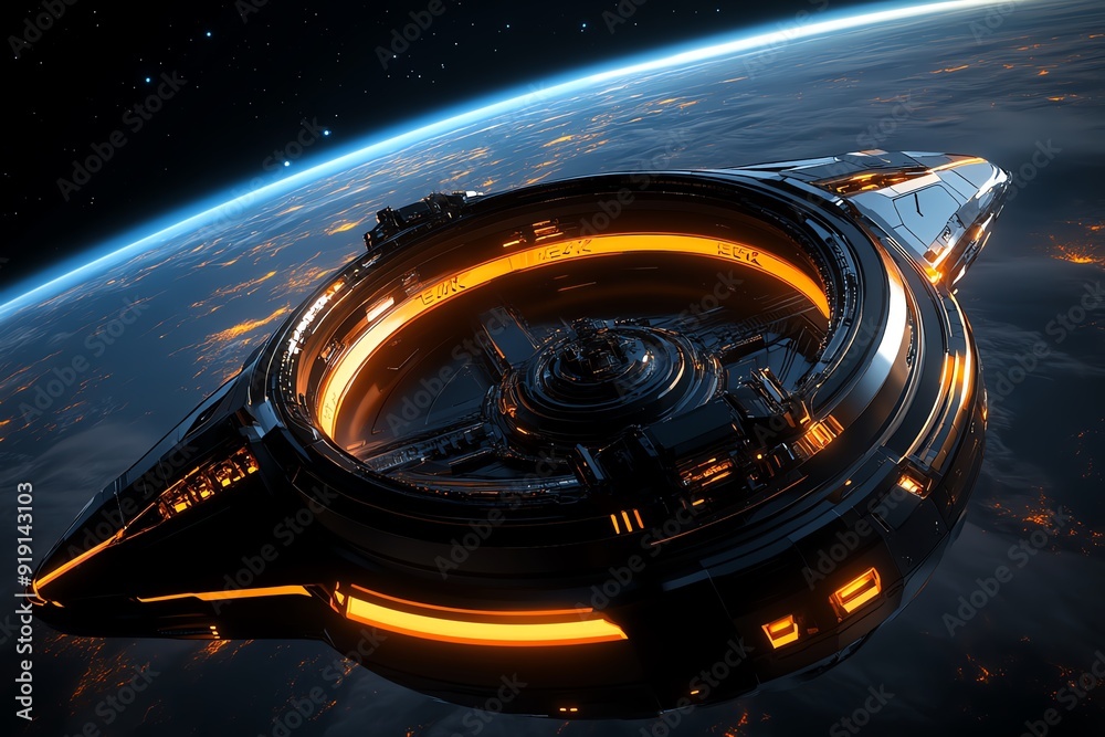 Aufkleber A Sci-Fi research station in orbit around a black hole, where advanced technology is used to study its effects on space-time, with scientists monitoring complex data