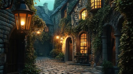 Obraz premium Cobblestone Alleyway in a Medieval Village at Night - 3D Rendered.