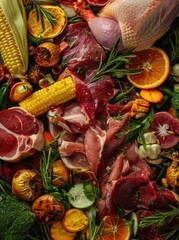 Raw chicken and pork with herbs, corn, and salad, close-up, high resolution
