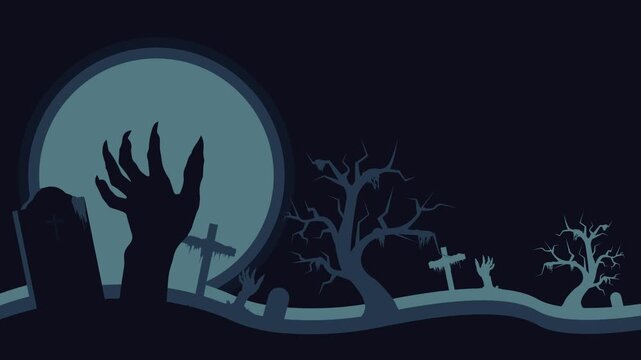 Halloween illustration vector graphic background with zombie hands, crosses on graves, creepy tree branches and trunks, a large full moon, and a copy space area.