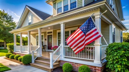 American flag-adorned porch of a cozy, single-family home in a suburban neighborhood, symbolizing safe and supportive housing for military veterans.