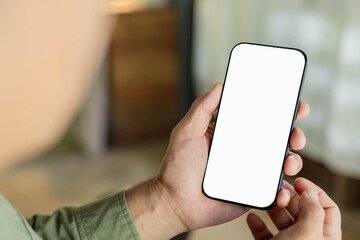 cell phone blank white screen mockup.hand holding texting using mobile on desk at office.background empty space for advertise.work people contact marketing business,technology