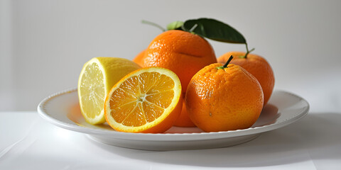 A group of fresh oranges arranged neatly on a white plate.
