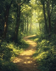 Obraz premium Sunlit Forest Path with Lush Green Foliage and Sunlight Streaming Through Trees.
