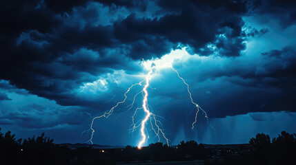 dark night sky with clouds and flashing bright lightning during a thunderstorm