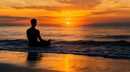 Man Meditating on Beach at Sunset with Golden Sky and Ocean.