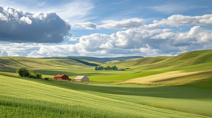 Obraz premium Rolling Green Hills with Farmhouses and Dramatic Clouds in the Palouse Region