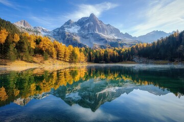 Obraz premium Stunning Autumnal Mountain Lake with Reflection, Snow-capped Peaks and Golden Trees.