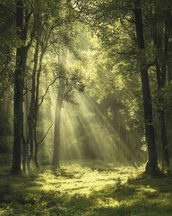 Obraz premium Sunbeams Filtering Through a Lush Green Forest - Nature Photography.