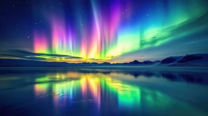 Vibrant Aurora Borealis Reflected in Still Waters with Starry Night Sky