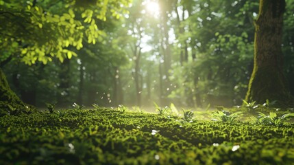 Fototapeta premium A serene nature background with a dense forest, sunlight filtering through the canopy of leaves, and a carpet of soft moss covering the ground, creating a peaceful and enchanting atmosphere