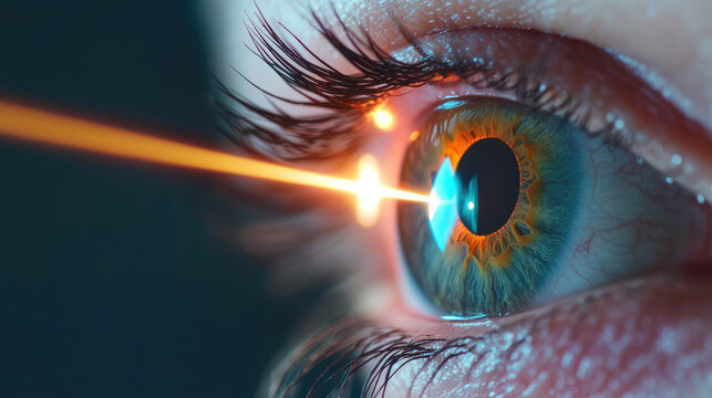 Laser vision correction. medical laser shines into human eye close-up