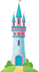 Cartoon castle or kingdom palace with gate and tower turret, vector fairytale Medieval fortress castle. Fairy tale castle tower of princess with flags, ancient castle or fairy tale kingdom citadel © Vector Tradition