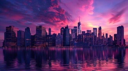 Fototapeta premium A dynamic cityscape at dusk with the sky painted in shades of pink and purple, skyscrapers reflecting the colors, and city lights beginning to twinkle, showcasing the beauty of an urban sunset