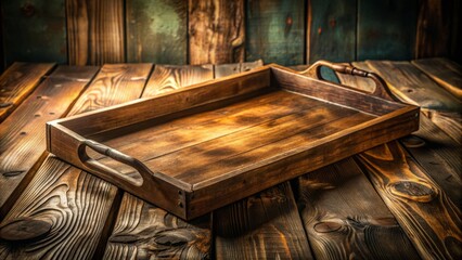 A rustic, empty wooden tray with worn edges and a distressed finish resting on a vintage-themed table, surrounded by subtle warm lighting and shadows.