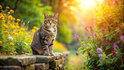 A serene cat sits peacefully on a weathered stone wall, surrounded by lush greenery and vibrant wildflowers, basking in warm sunlight in a tranquil natural setting.