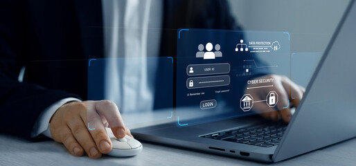 Cyber security protection concept.Protecting herself from cyber attacks and personal data.Portection data access.