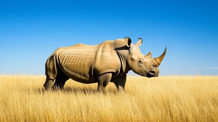Obraz premium Powerful Rhino Standing Tall in African Savanna Grass