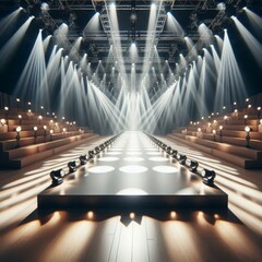 Empty catwalk with many spotlights, fashion event, runway podium stage
