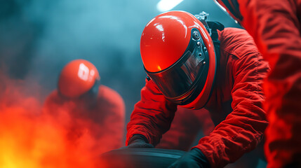 Pit crew performing a lightningfast tire change, capturing the splitsecond precision crucial for racing performance, F1, pit stop, efficiency