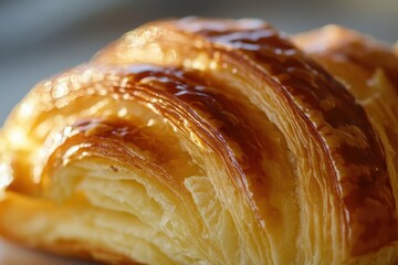 Close-up of a Golden Brown Croissant with Flaky Layers.