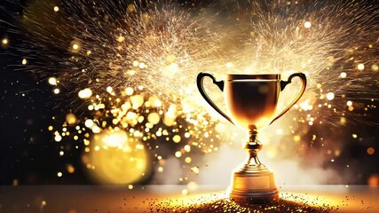 Golden trophy with sparkling confetti on a dark background. Video of award and celebration concept