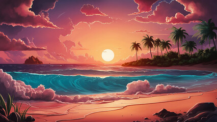 a beach sunset illustration that captures the essence of the tropics