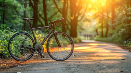Fototapeta premium A black racing bicycle rests on a forest path at sunset, leaning left with front wheel near a shrub. Yellow leaves cover the ground, creating a serene, golden-lit scene.