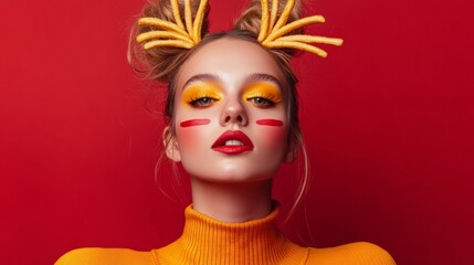 A woman with red and yellow face paint and a yellow and red headband