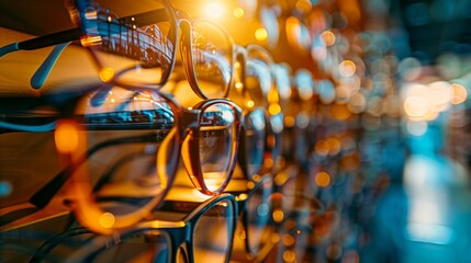 Fototapeta premium Display of prescription and sunglasses in various shapes and colors, set against a warm, vibrant backdrop with a dazzling effect. Available in a range of styles for selection.