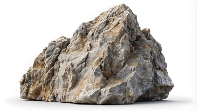 A solo side-profile rock formation stands isolated on a pure white background, its granular texture and majestic shape commanding attention in serene simplicity.