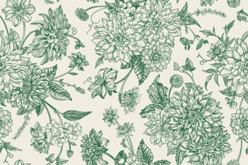 Möbelaufkleber Seamless autumn floral pattern with dahlias, chrysanthemums, asters, zinnias, dogwood berries. Vintage engraving style. Green