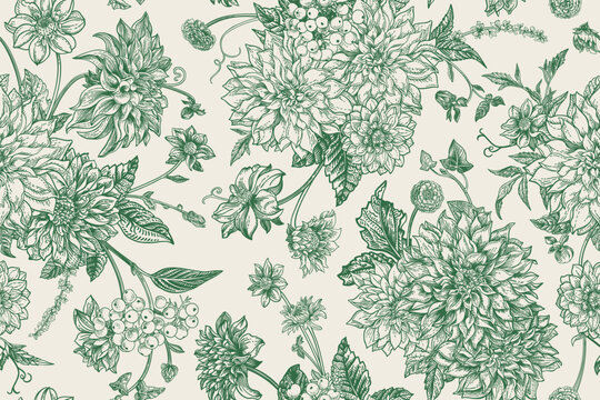 Seamless autumn floral pattern with dahlias, chrysanthemums, asters, zinnias, dogwood berries. Vintage engraving style. Green