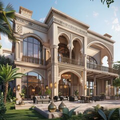 Obraz premium Modern Islamic-style mansion with ornate detailing and lush landscaping