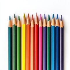 Row of Colorful Pencils in Rainbow Order on White Background.